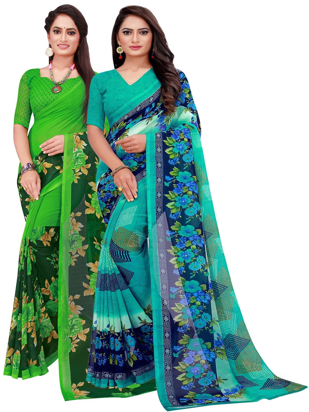 

SAADHVI Turquoise Blue & Green Set Of 2 Floral Pure Georgette Saree
