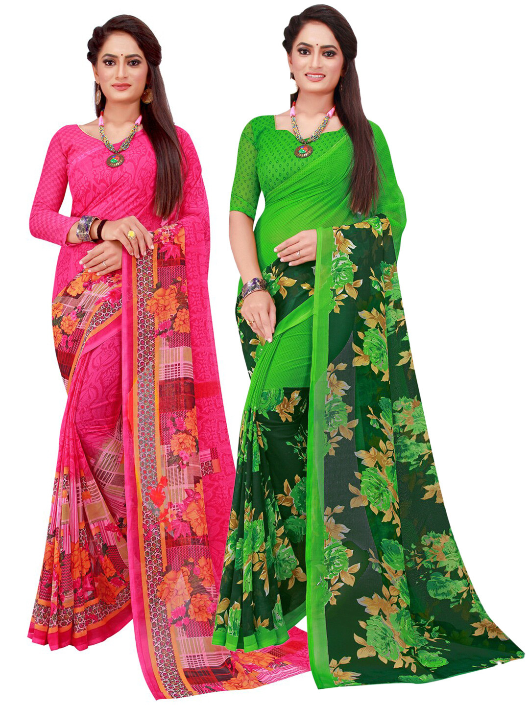 

SAADHVI Magenta & Green Floral Pure Georgette Saree