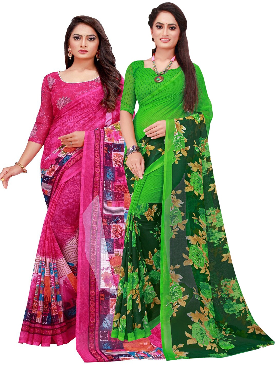 

SAADHVI Pack Of 2 Magenta & Green Floral Pure Georgette Sarees