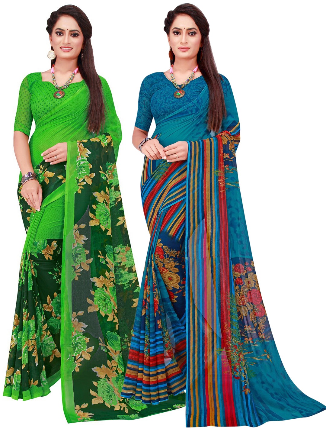 

SAADHVI Green & Blue Set of 2 Floral Printed Georgette saree