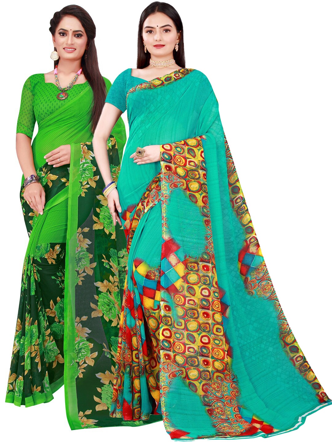 

SAADHVI Green & Blue Floral Printed Pure Georgette Saree Pack Of 2
