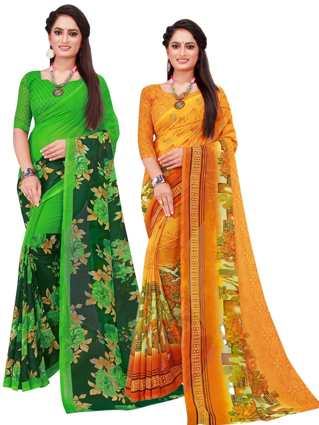 

SAADHVI Set Of 2 Green & Yellow Floral Pure Georgette Saree