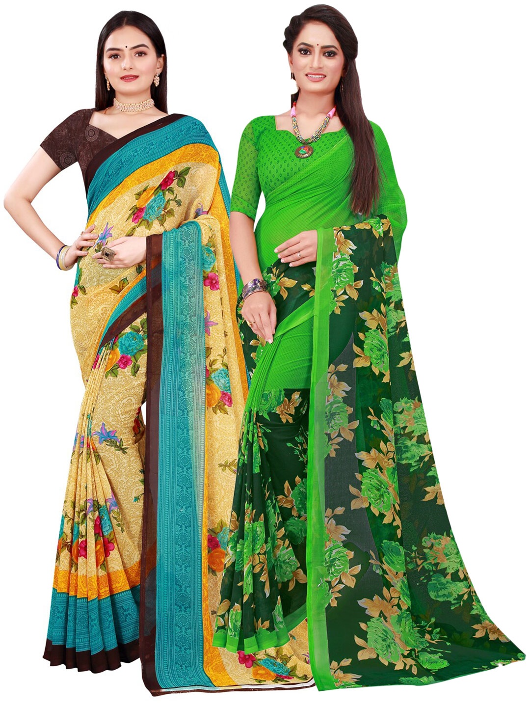 

SAADHVI Green & Beige Set Of 2 Floral Pure Georgette Saree