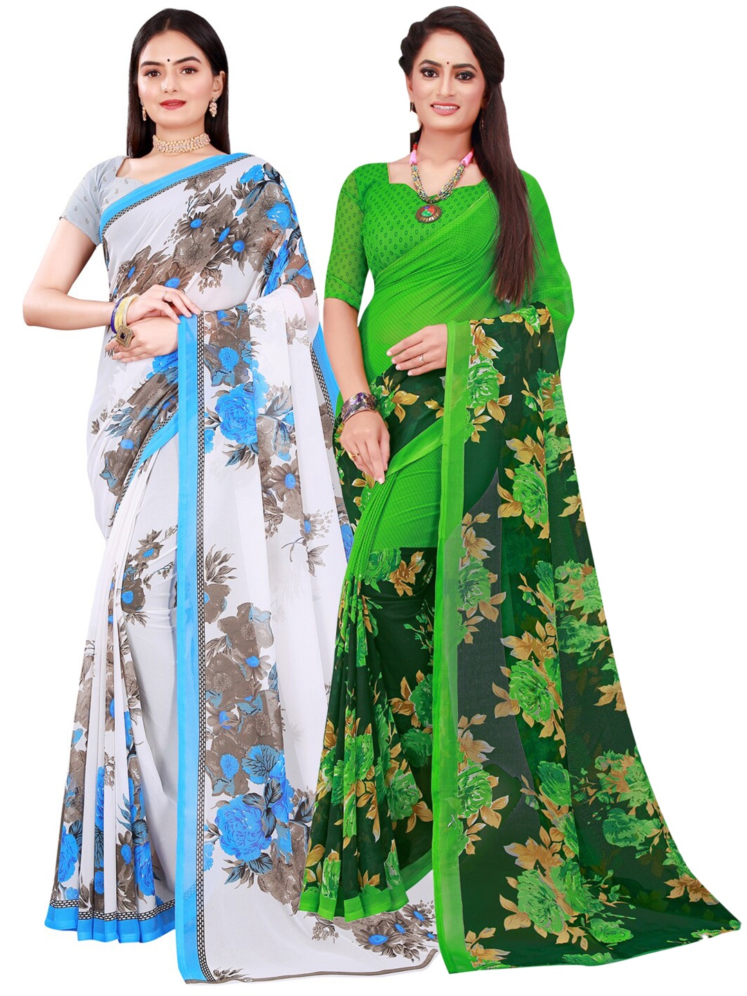 

SAADHVI Pack Of 2 Green & White Floral Pure Georgette Sarees