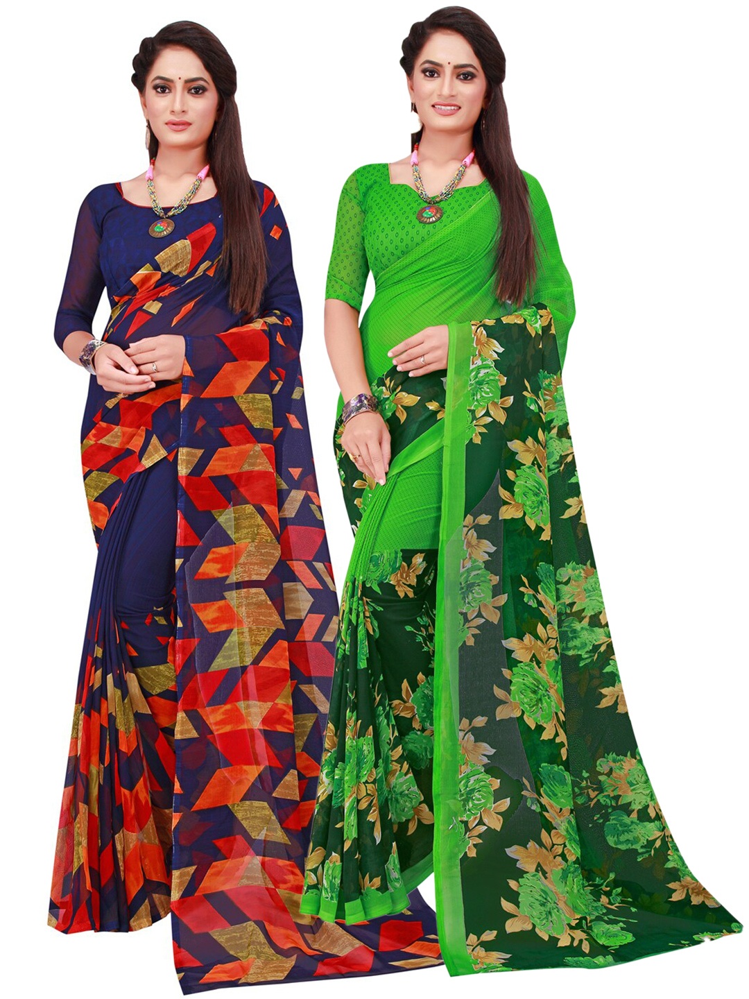 

SAADHVI Navy Blue & Green Set Of 2 Floral Pure Georgette Saree