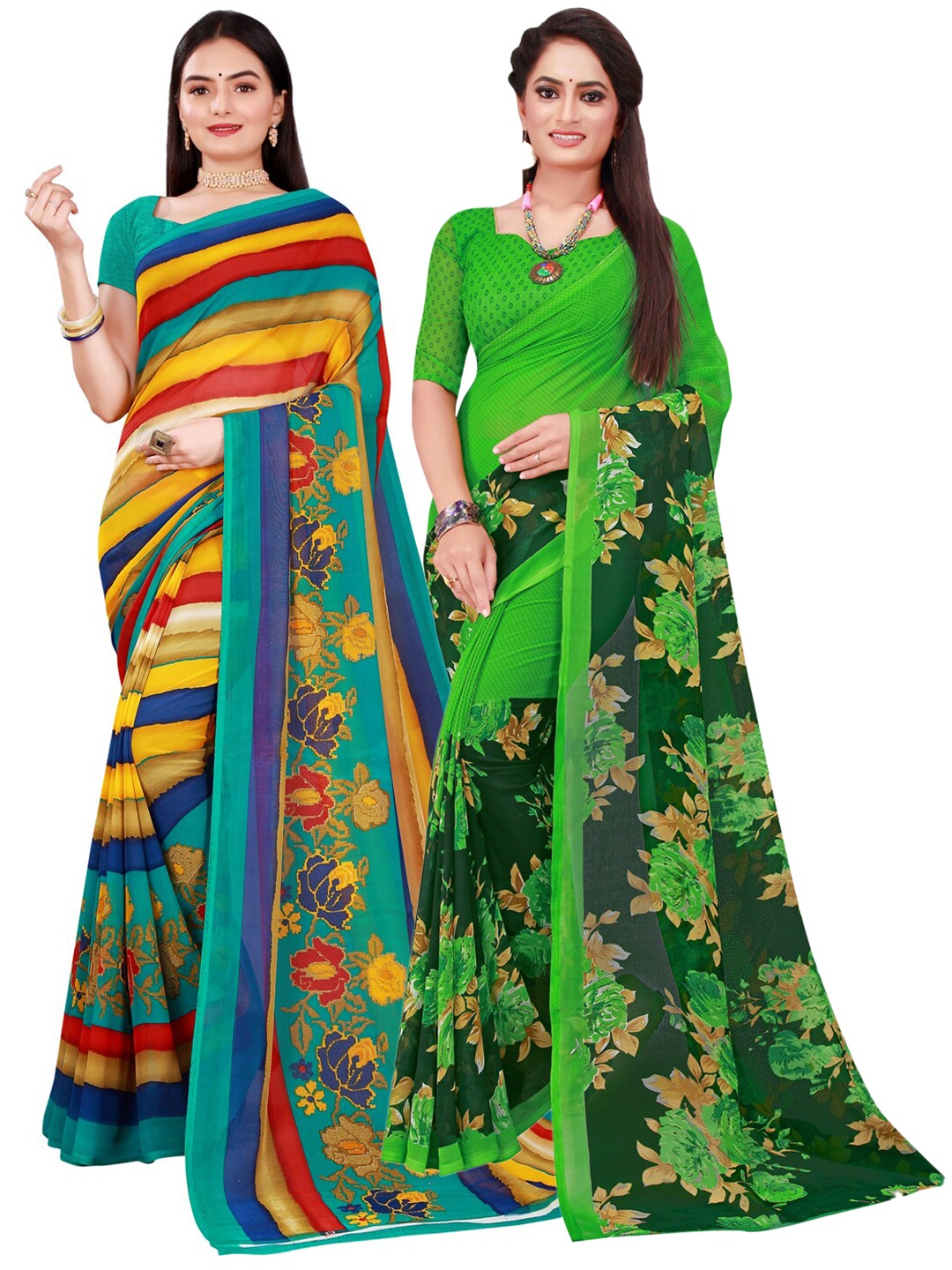 

SAADHVI Set Of 2 Multicoloured Striped Pure Georgette Saree, Multi