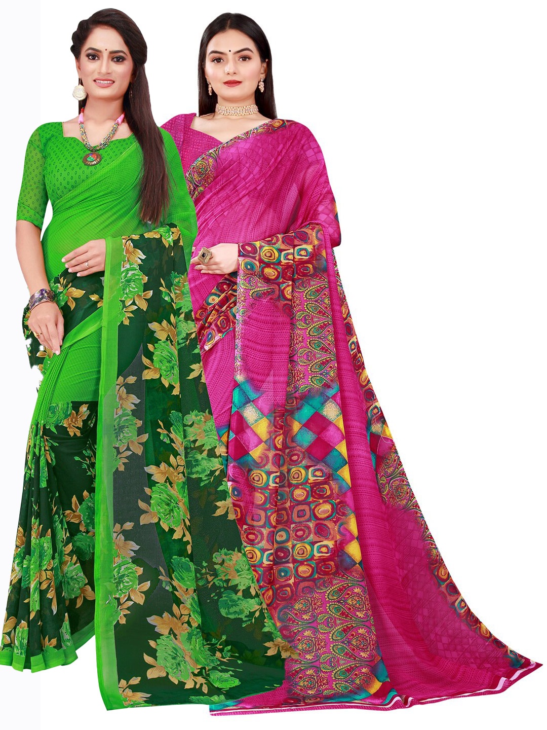 

SAADHVI Magenta & Green Set Of 2 Floral Pure Georgette Saree