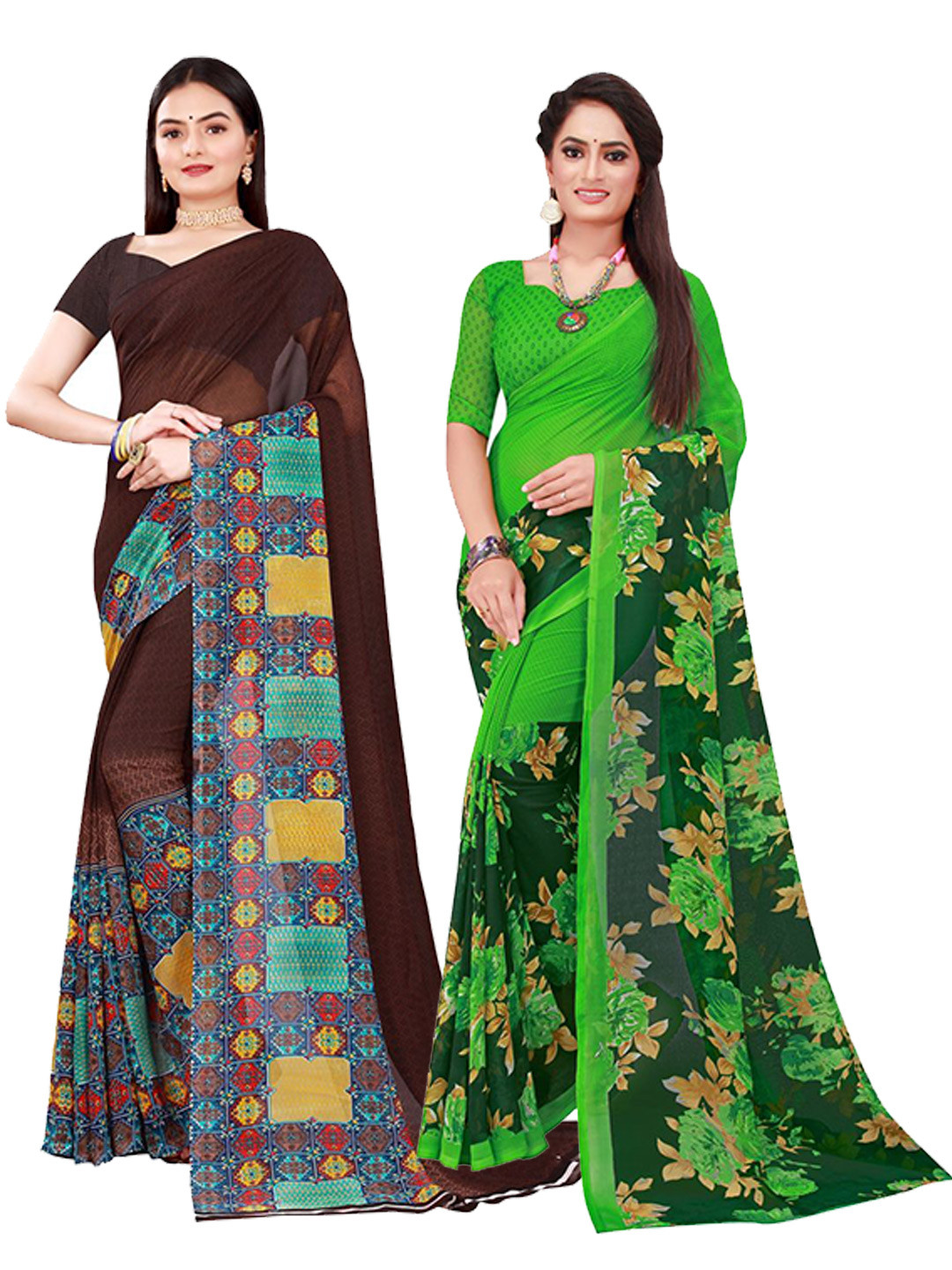 

SAADHVI Set Of 2 Brown & Green Floral Pure Georgette Saree
