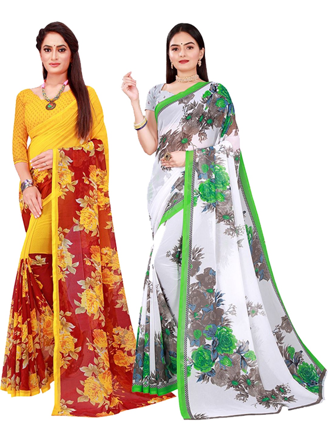 

SAADHVI Maroon & White Set Of 2 Floral Pure Georgette Saree