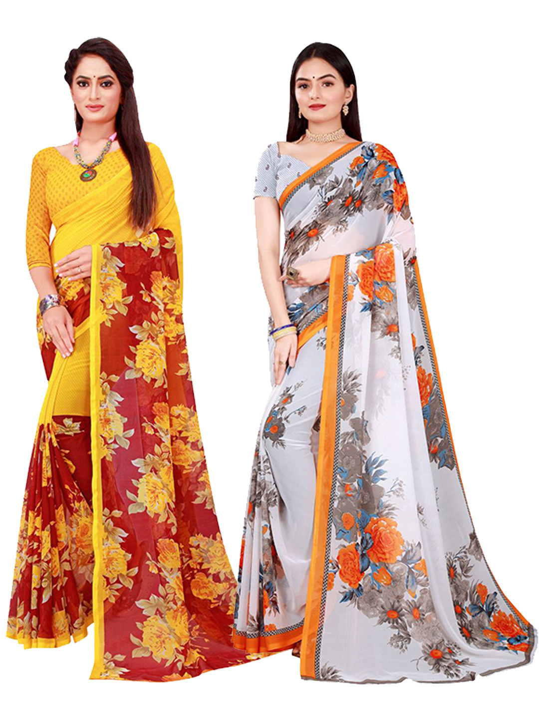 

SAADHVI Yellow & White Floral Printed Pure Georgette Saree Pack Of 2