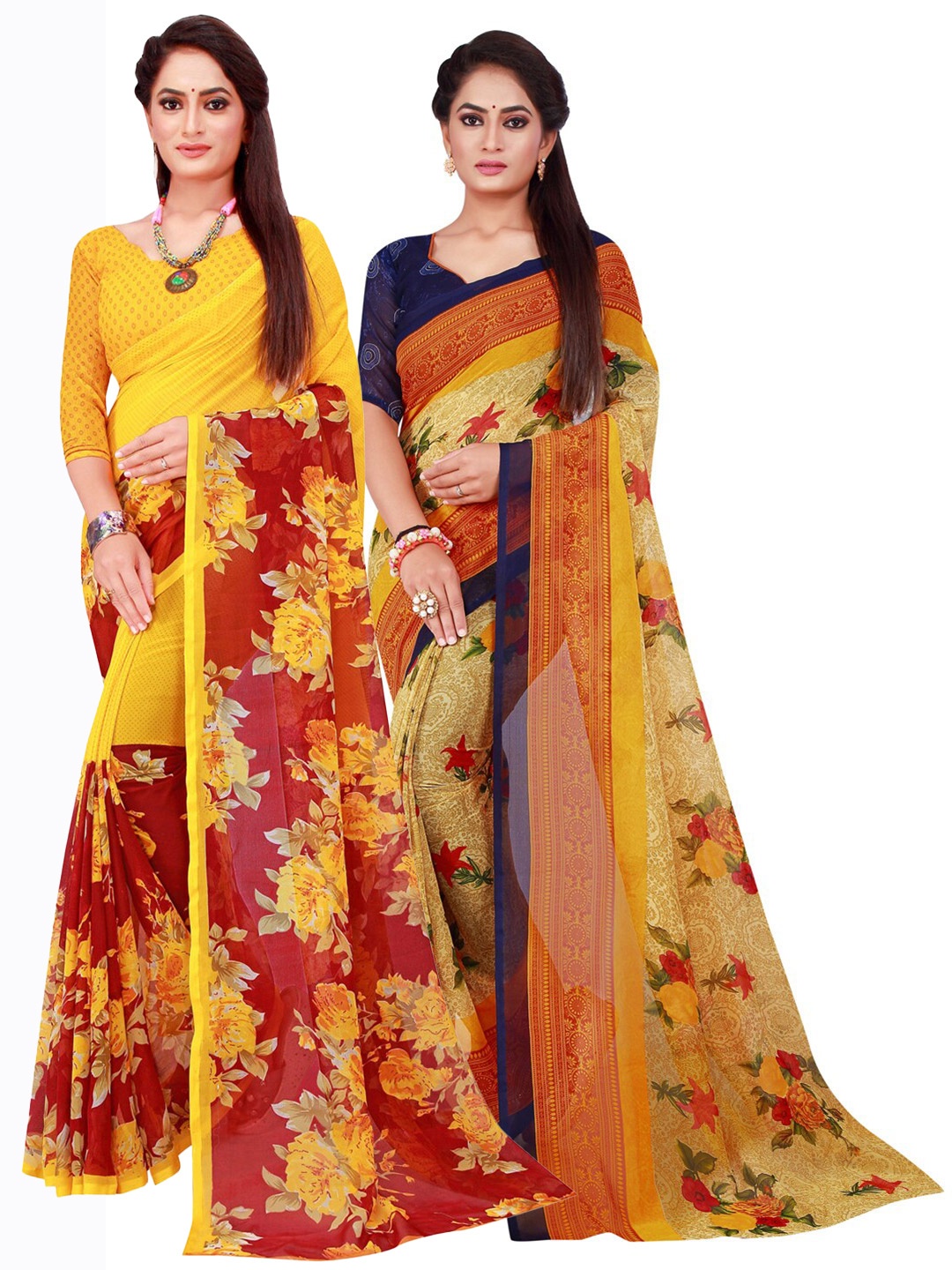 

SAADHVI Pack Of 2 Maroon & Yellow Floral Pure Georgette Sarees