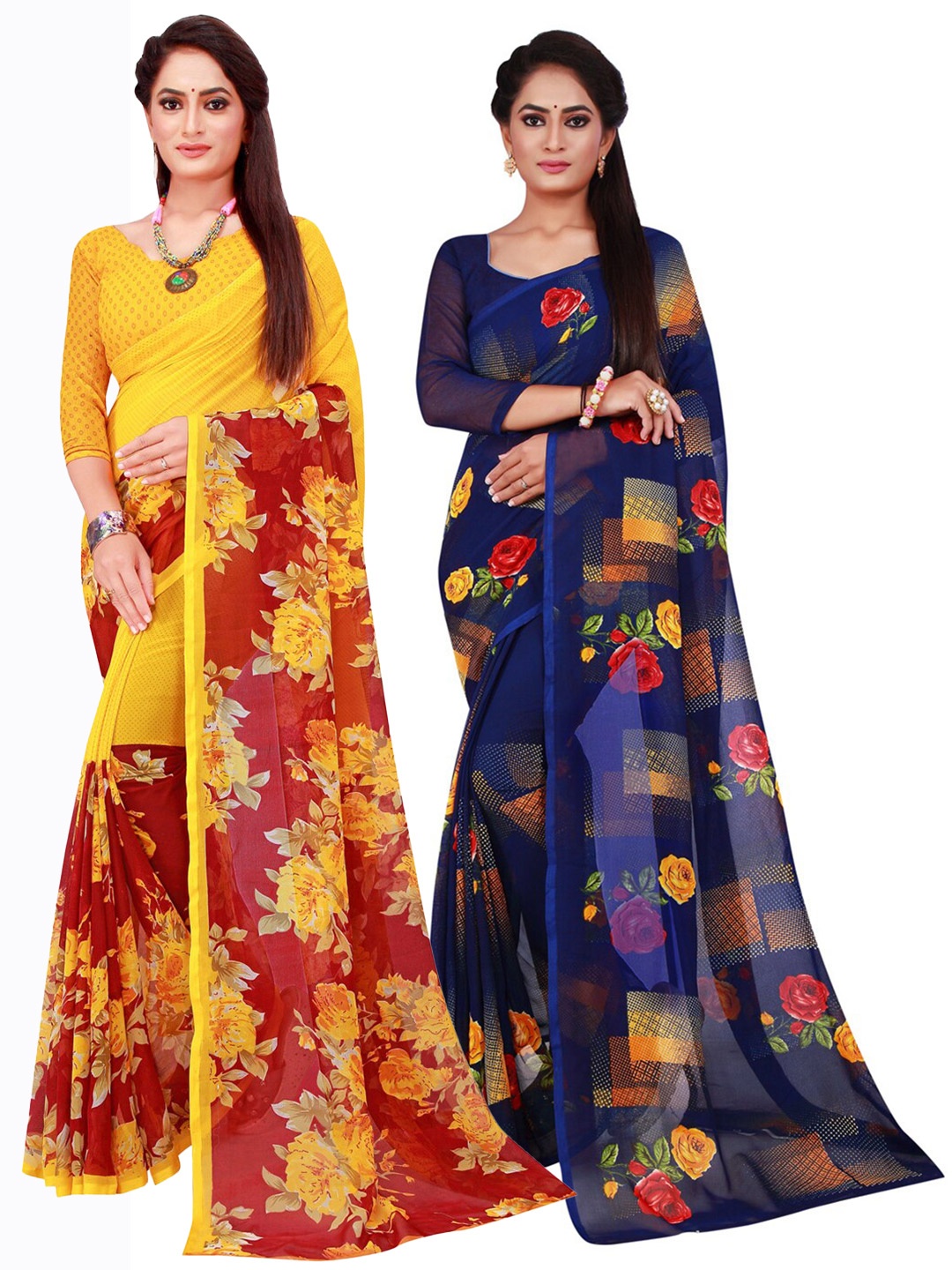 

SAADHVI Maroon & Blue Set of 2 Floral Printed Georgette saree