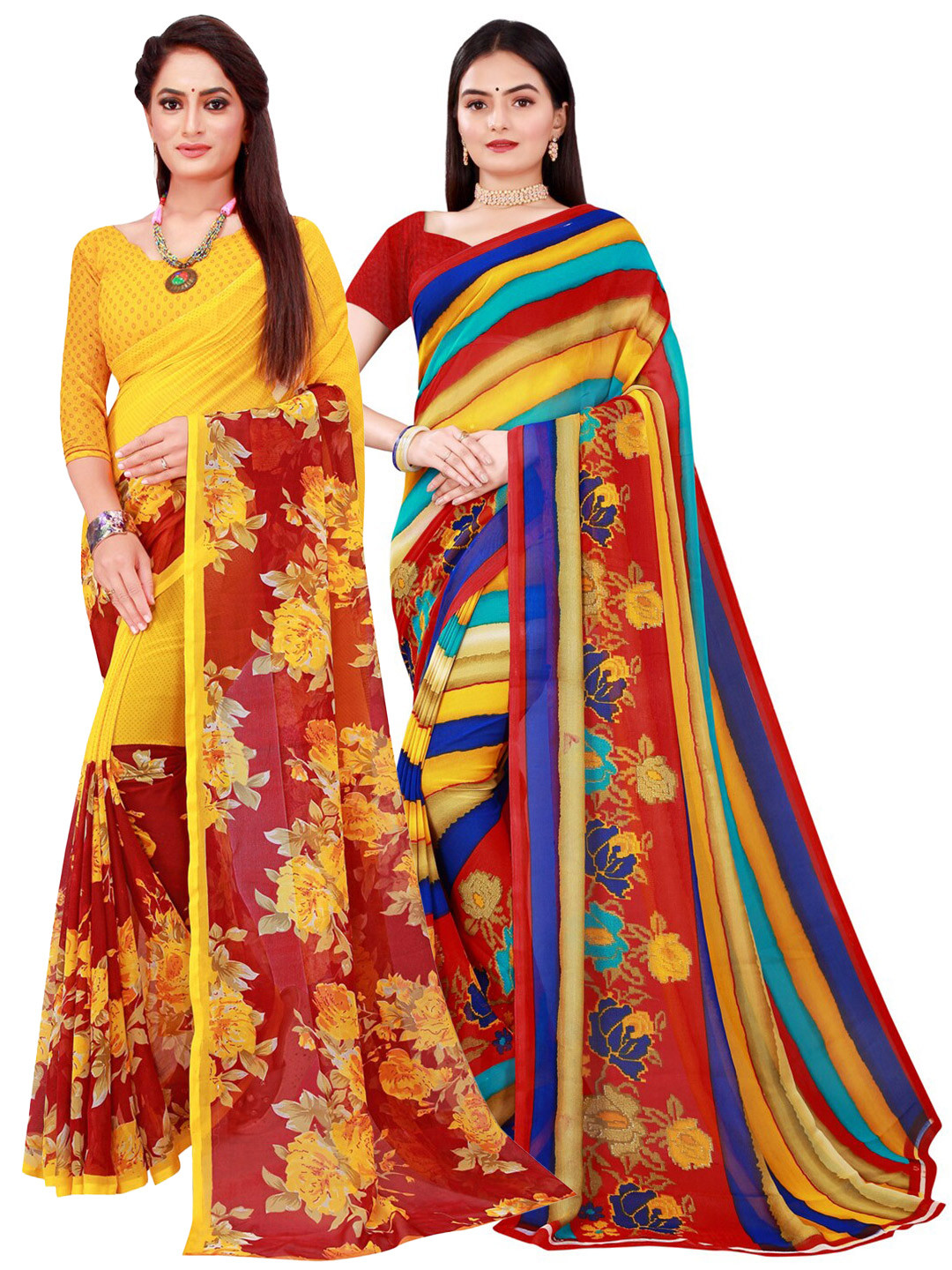 

SAADHVI Pack Of 2 Maroon & Yellow Floral Pure Georgette Sarees