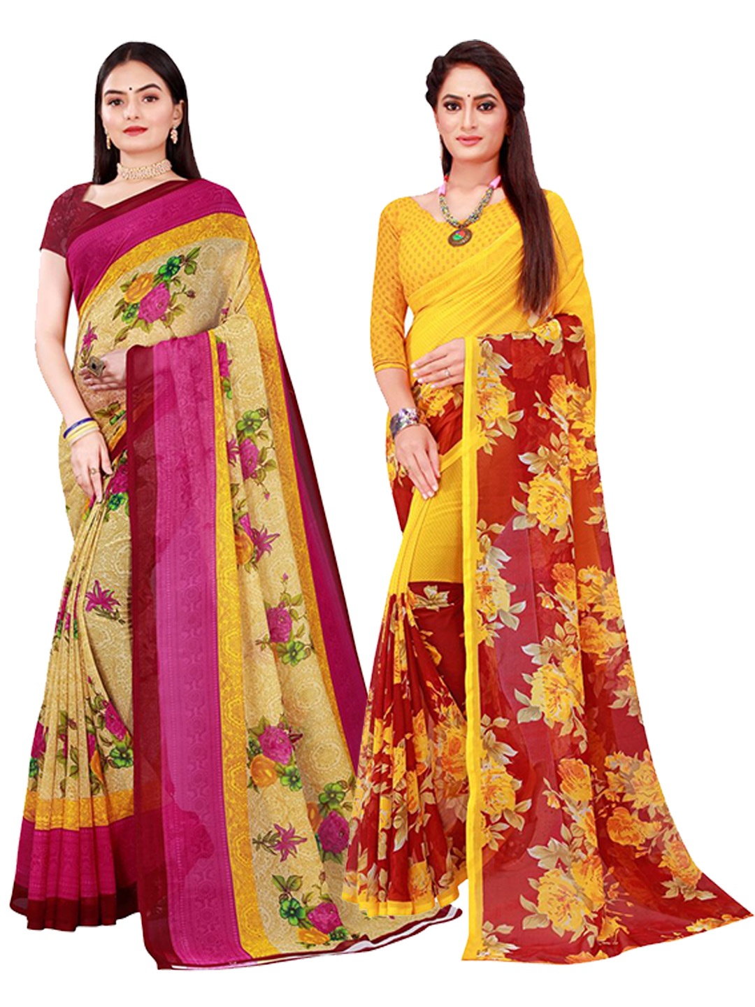 

SAADHVI Beige & Maroon Set Of 2 Floral Pure Georgette Saree
