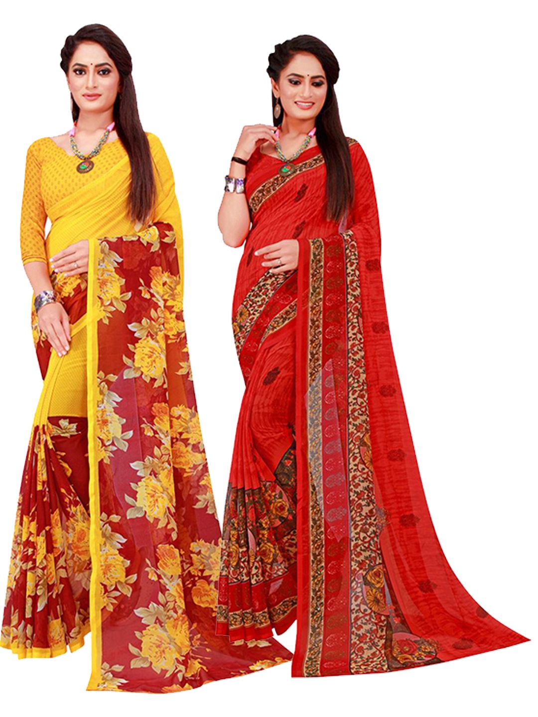 

SAADHVI Set Of 2 Maroon & Yellow Floral Pure Georgette Saree