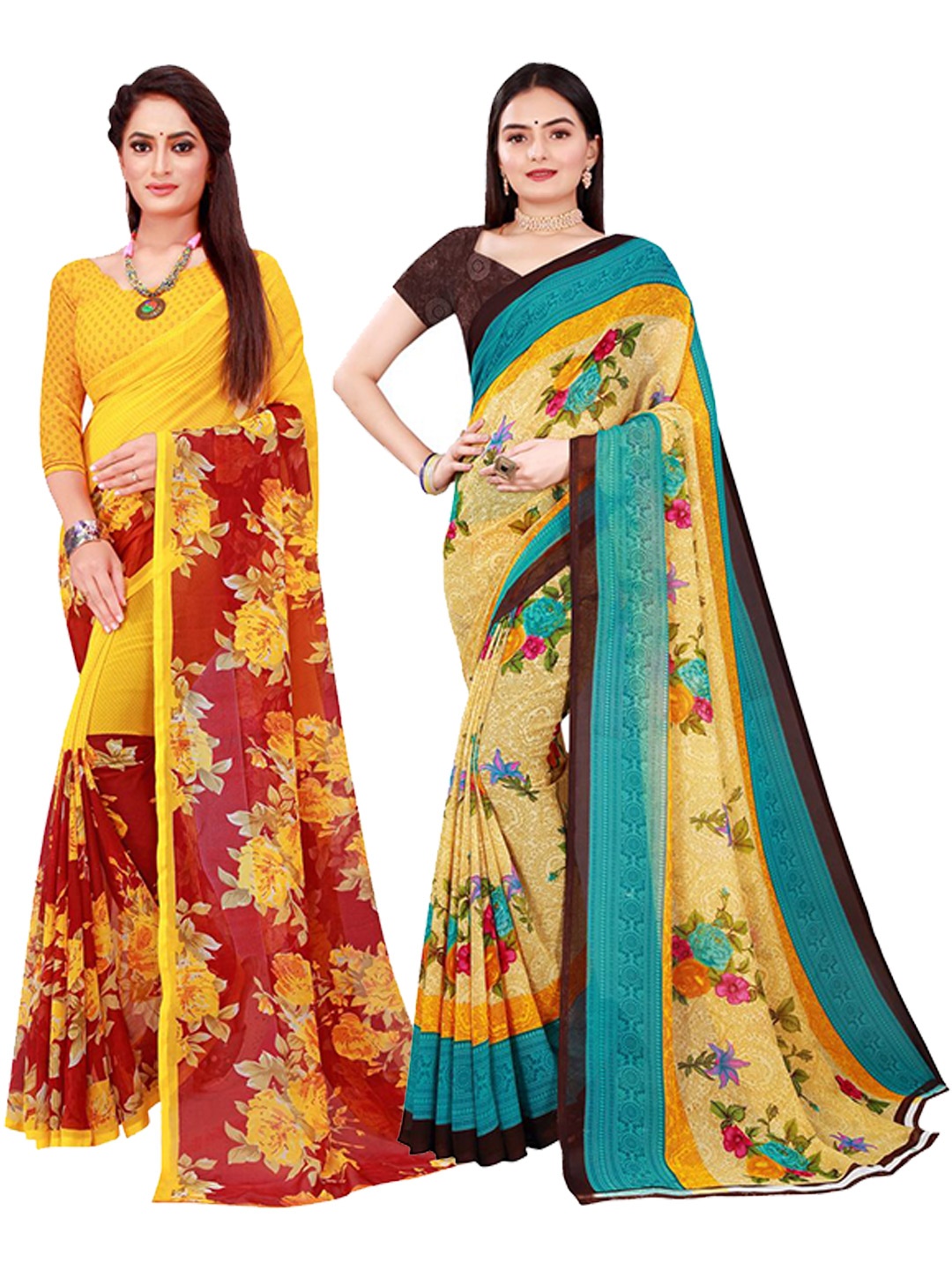 

SAADHVI Maroon & Blue Set of 2 Floral Printed Georgette saree