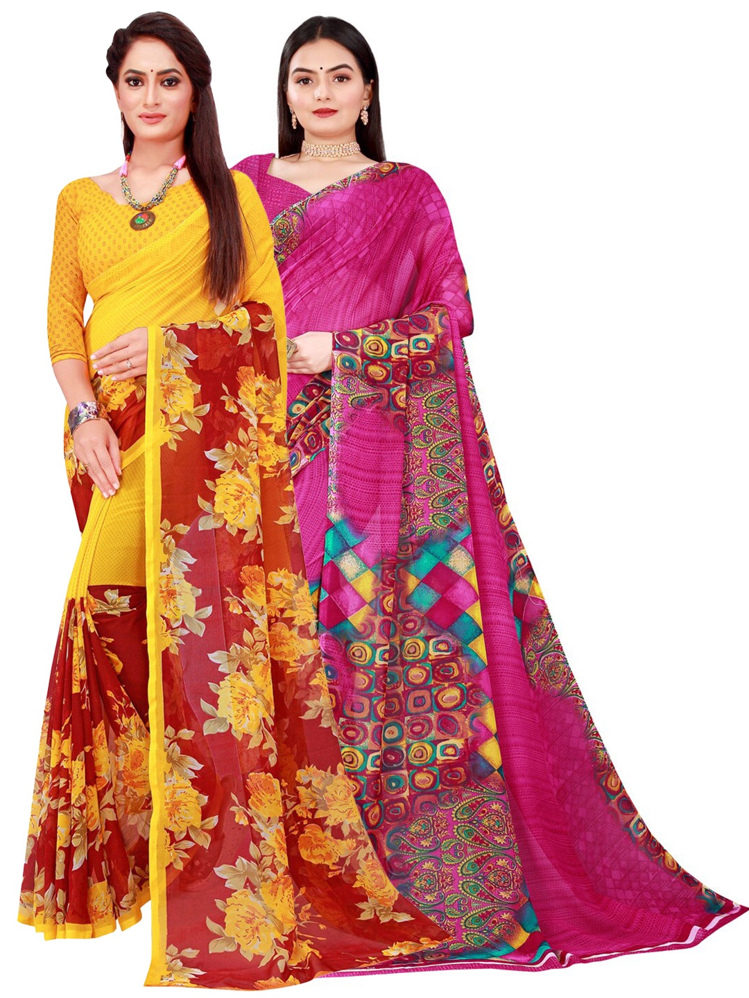 

SAADHVI Magenta & Yellow Floral Printed Pure Georgette Saree Pack Of 2