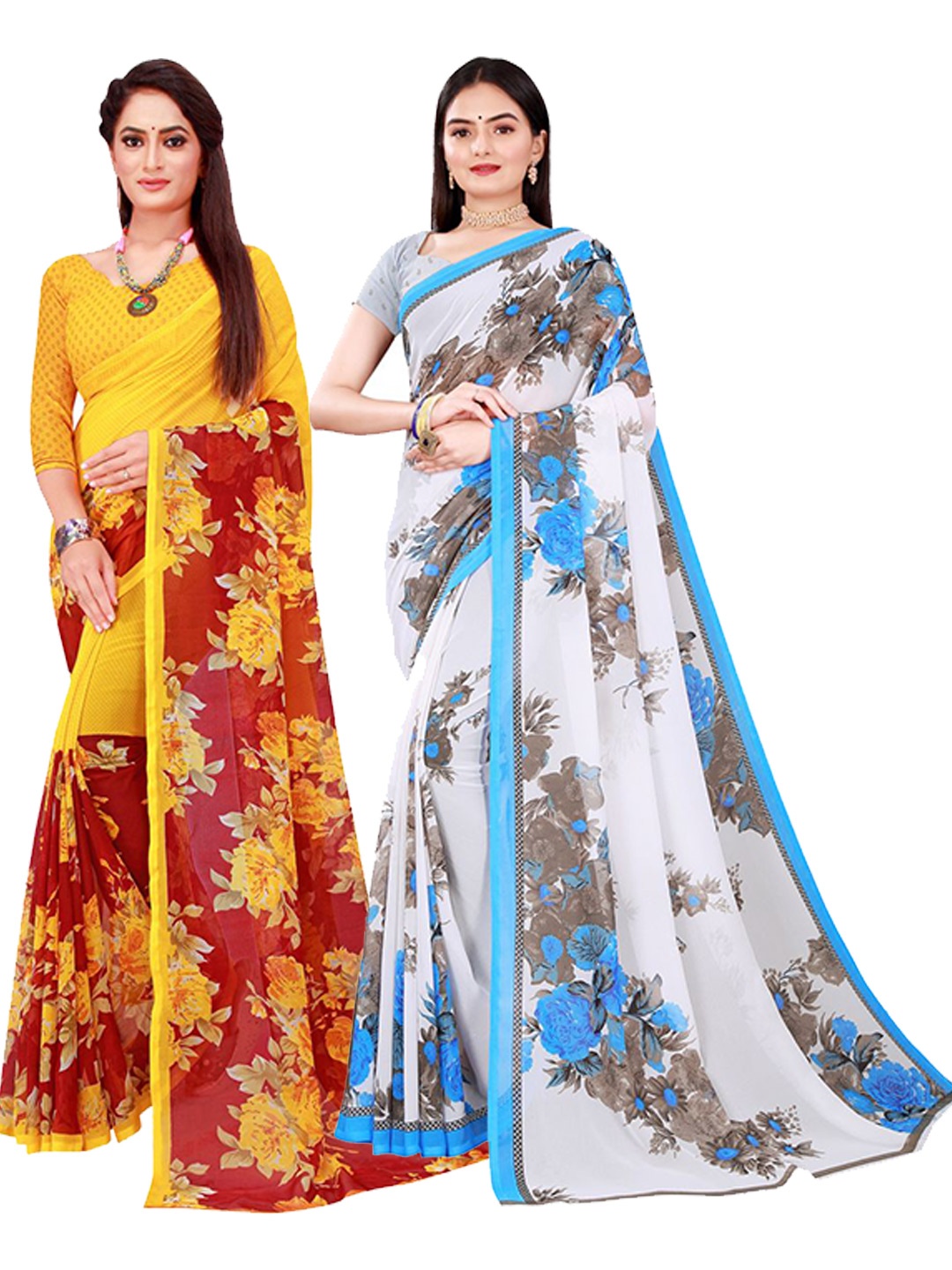 

SAADHVI Yellow & White Floral Pure Georgette Saree