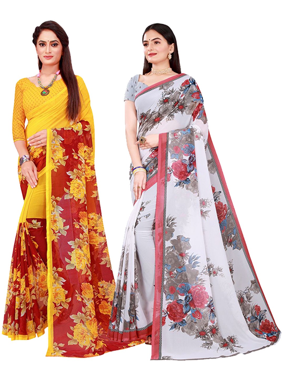 

SAADHVI Set Of 2 Maroon & White Floral Pure Georgette Saree