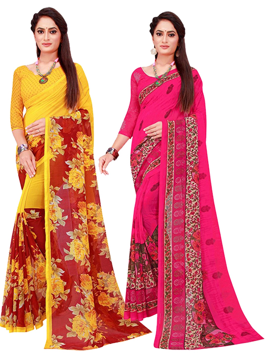 

SAADHVI Yellow & Magenta Printed Pure Georgette Saree Pack Of 2