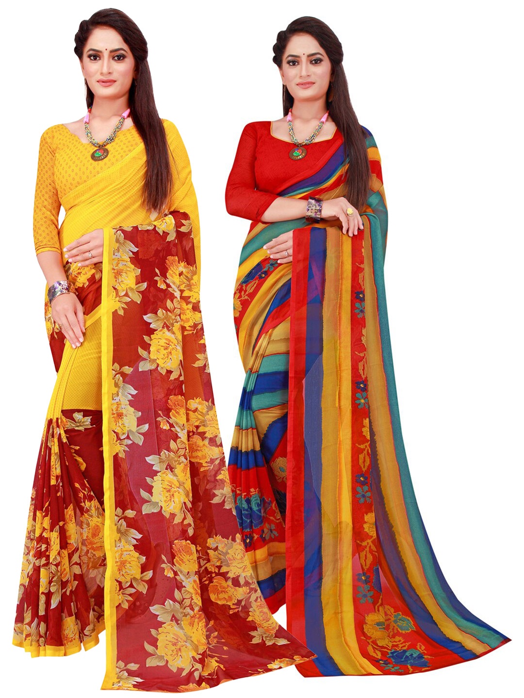 

SAADHVI Pack Of 2 Yellow & Pink Floral Pure Georgette Sarees