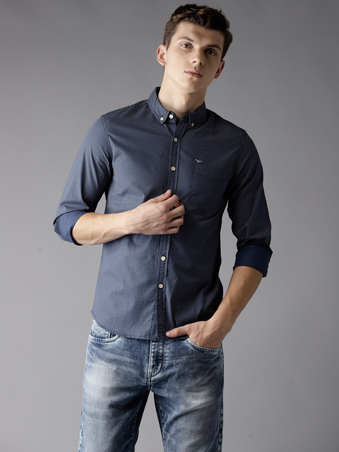 

Flying Machine Men Navy Printed Casual Shirt, Navy blue