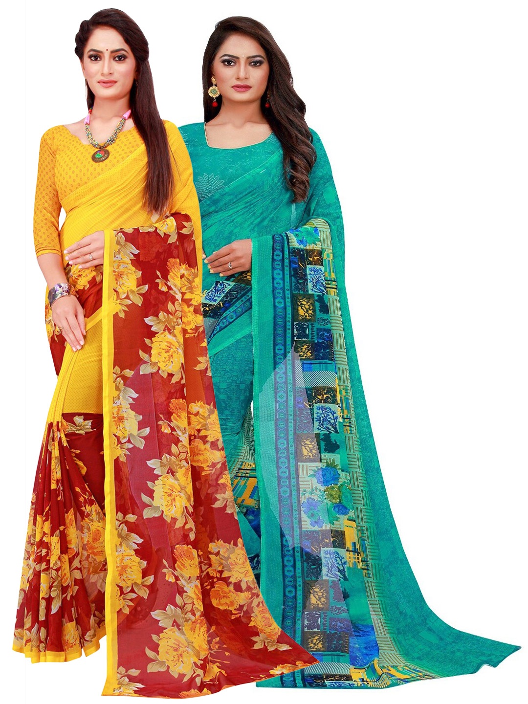 

SAADHVI Set Of 2 Turquoise Blue & Maroon Floral Pure Georgette Saree