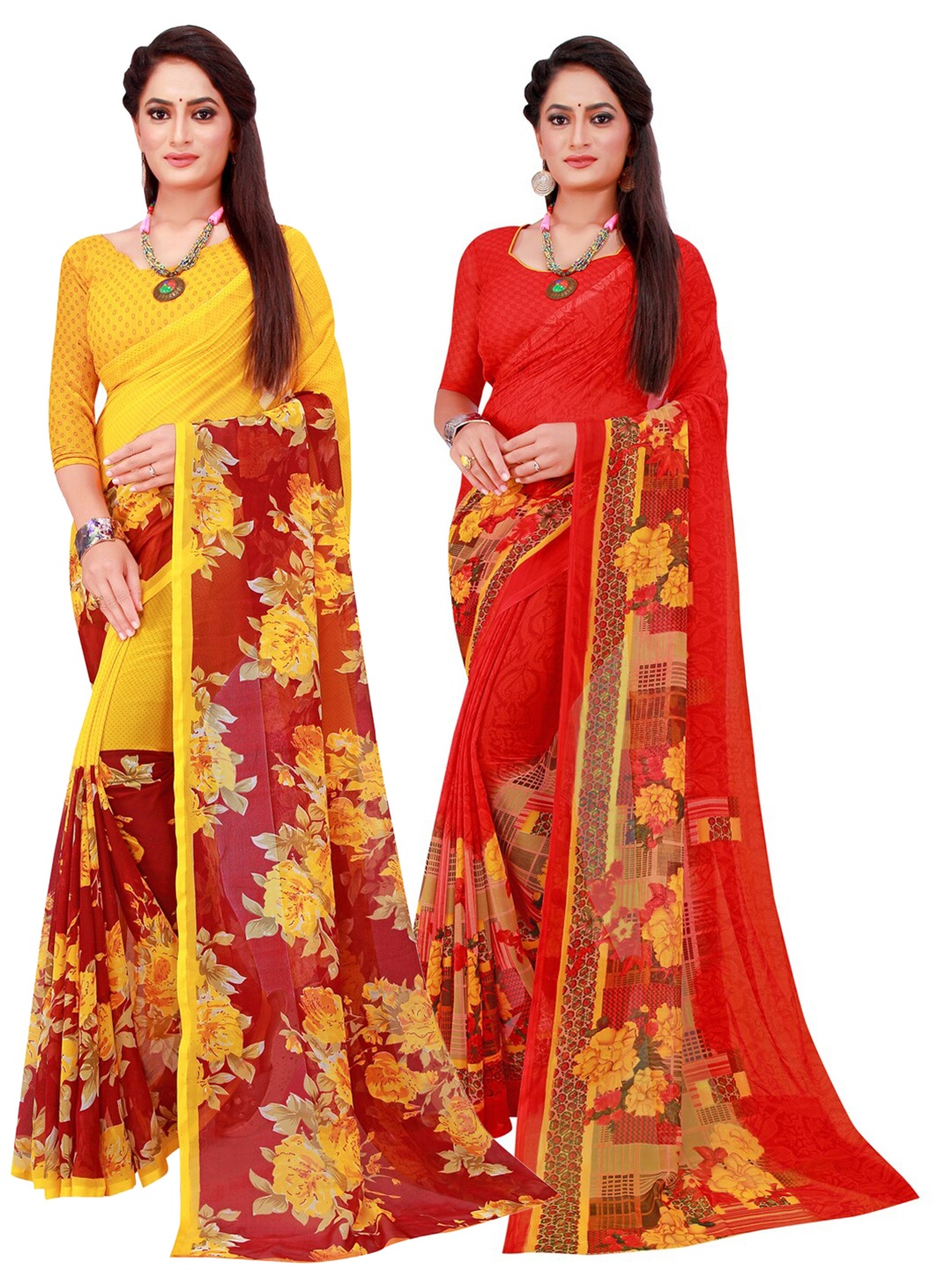 

SAADHVI Maroon & Red Set of 2 Floral Printed Georgette saree