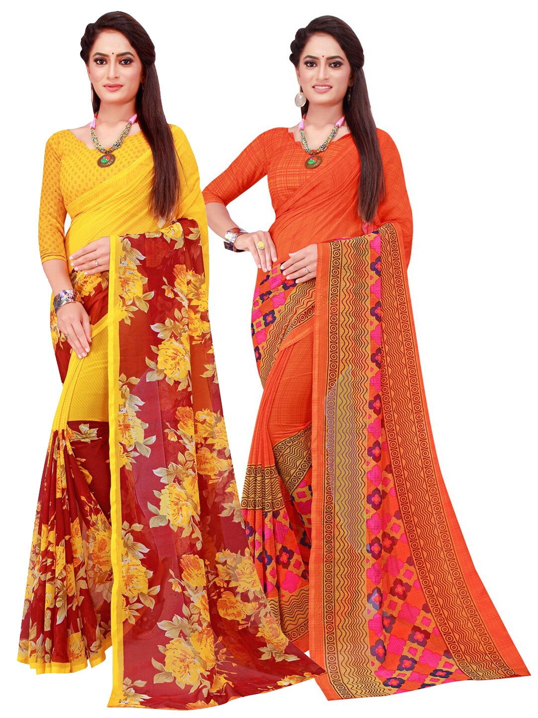 

SAADHVI Orange & Yellow Printed Pure Georgette Saree Pack Of 2