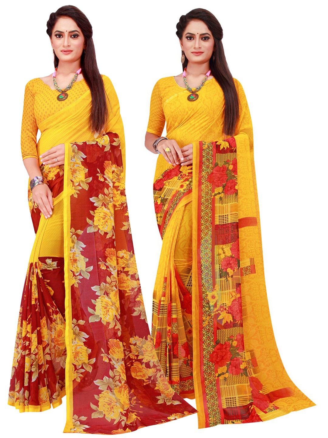 

SAADHVI Set Of 2 Yellow & Red Floral Pure Georgette Saree