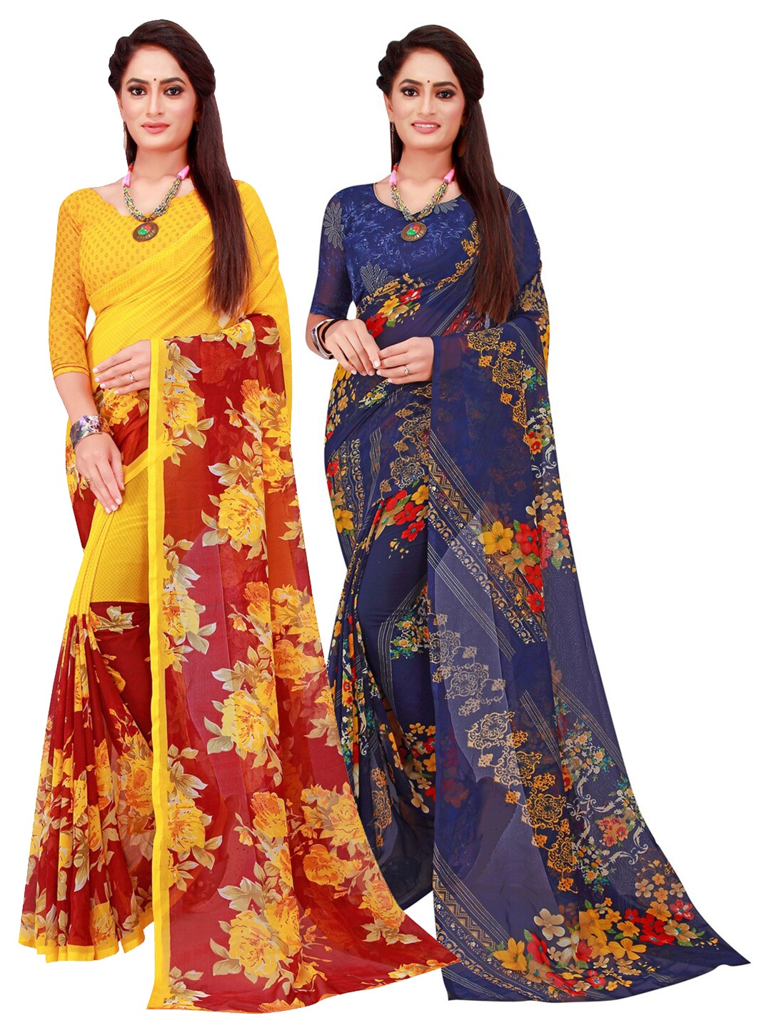 

SAADHVI Maroon & Yellow Set Of 2 Floral Pure Georgette Saree