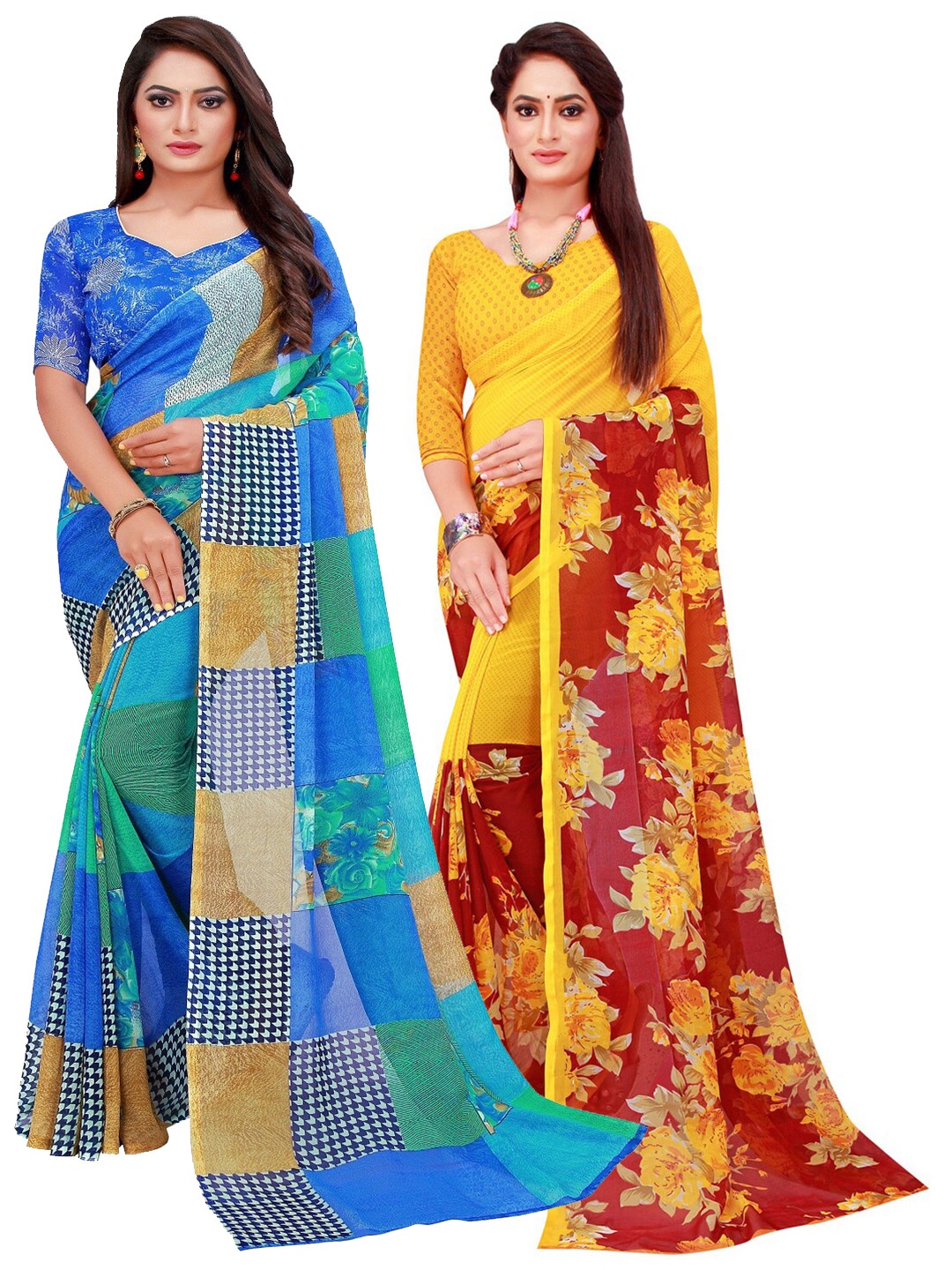 

SAADHVI Blue & Yellow Set of 2 Floral Printed Georgette saree