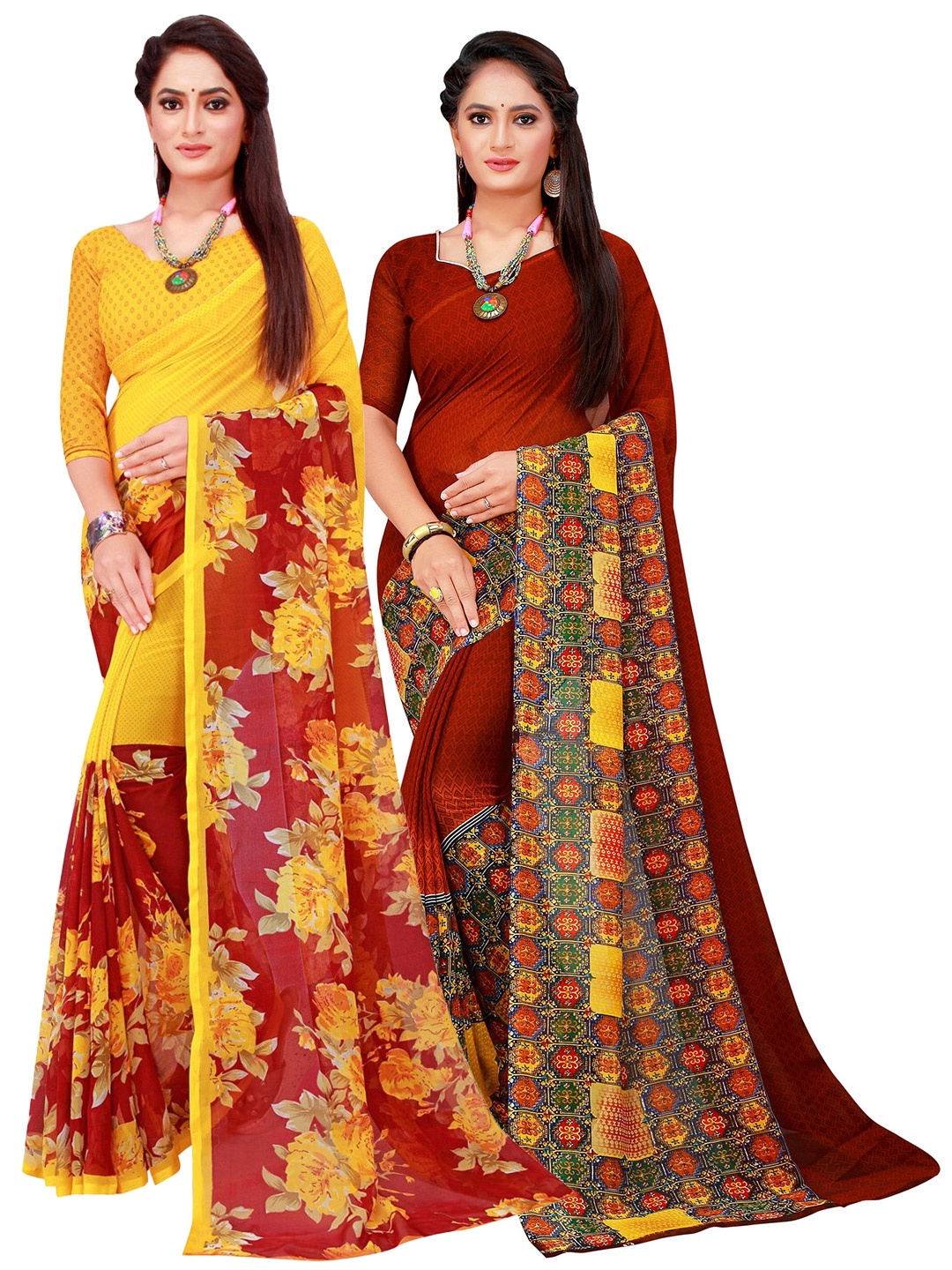 

SAADHVI Pack Of 2 Maroon & Pink Floral Pure Georgette Sarees