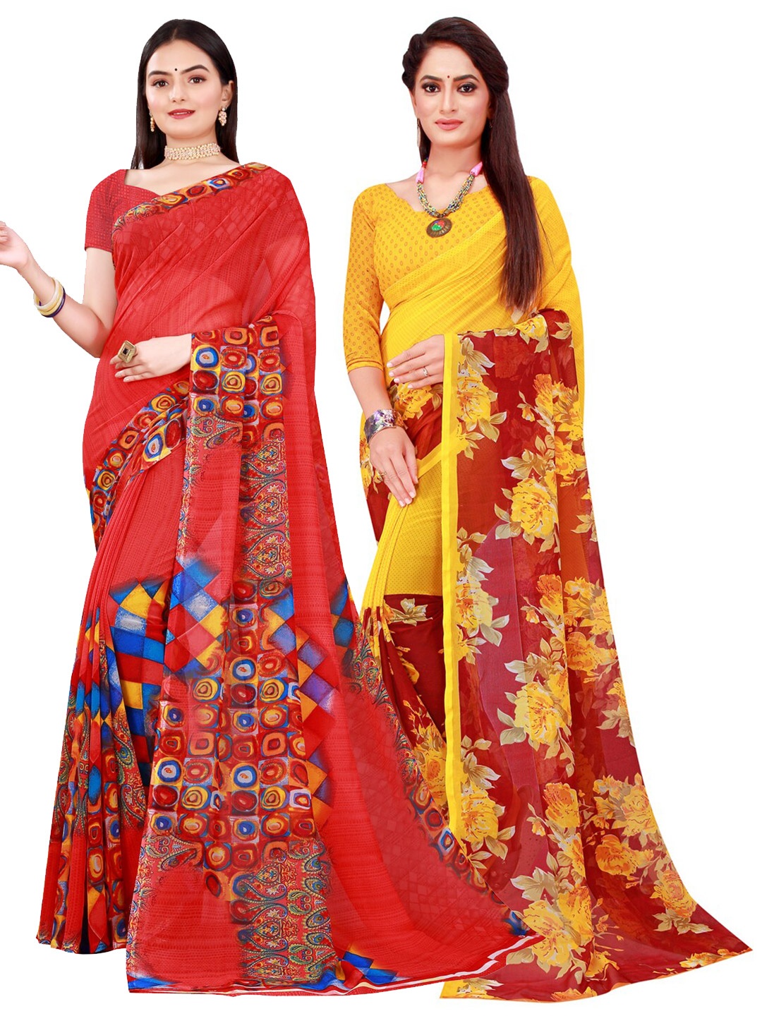 

SAADHVI Red & Yellow Set Of 2 Floral Pure Georgette Saree