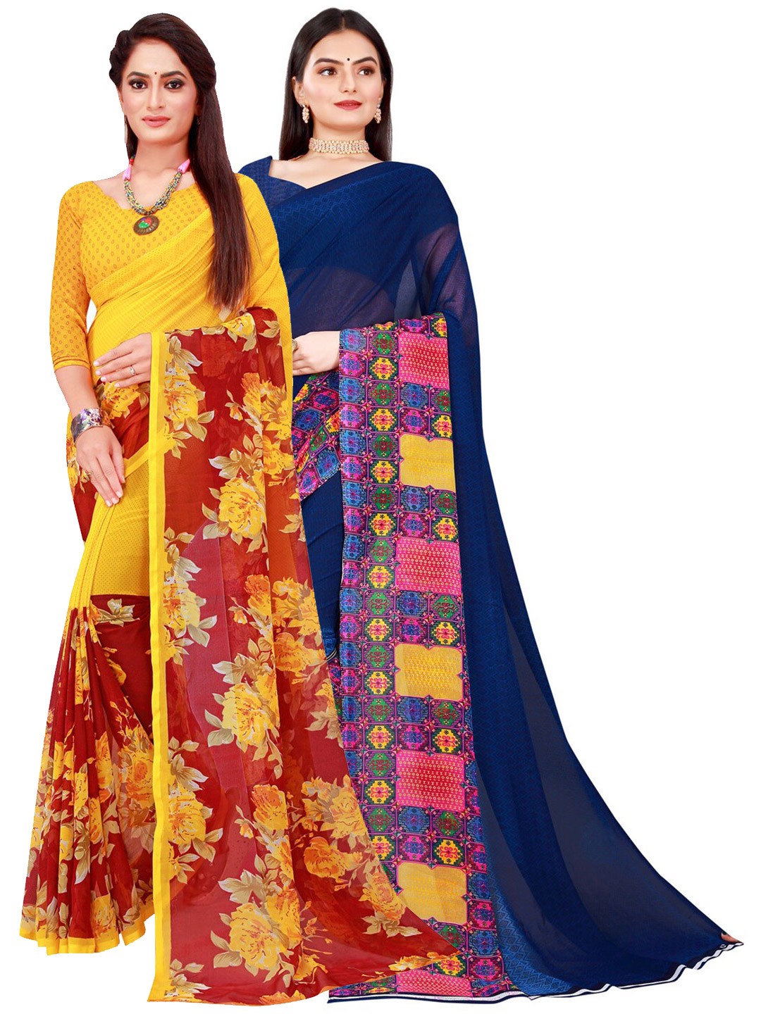 

SAADHVI Yellow & Navy Blue Set of 2 Floral Printed Georgette saree