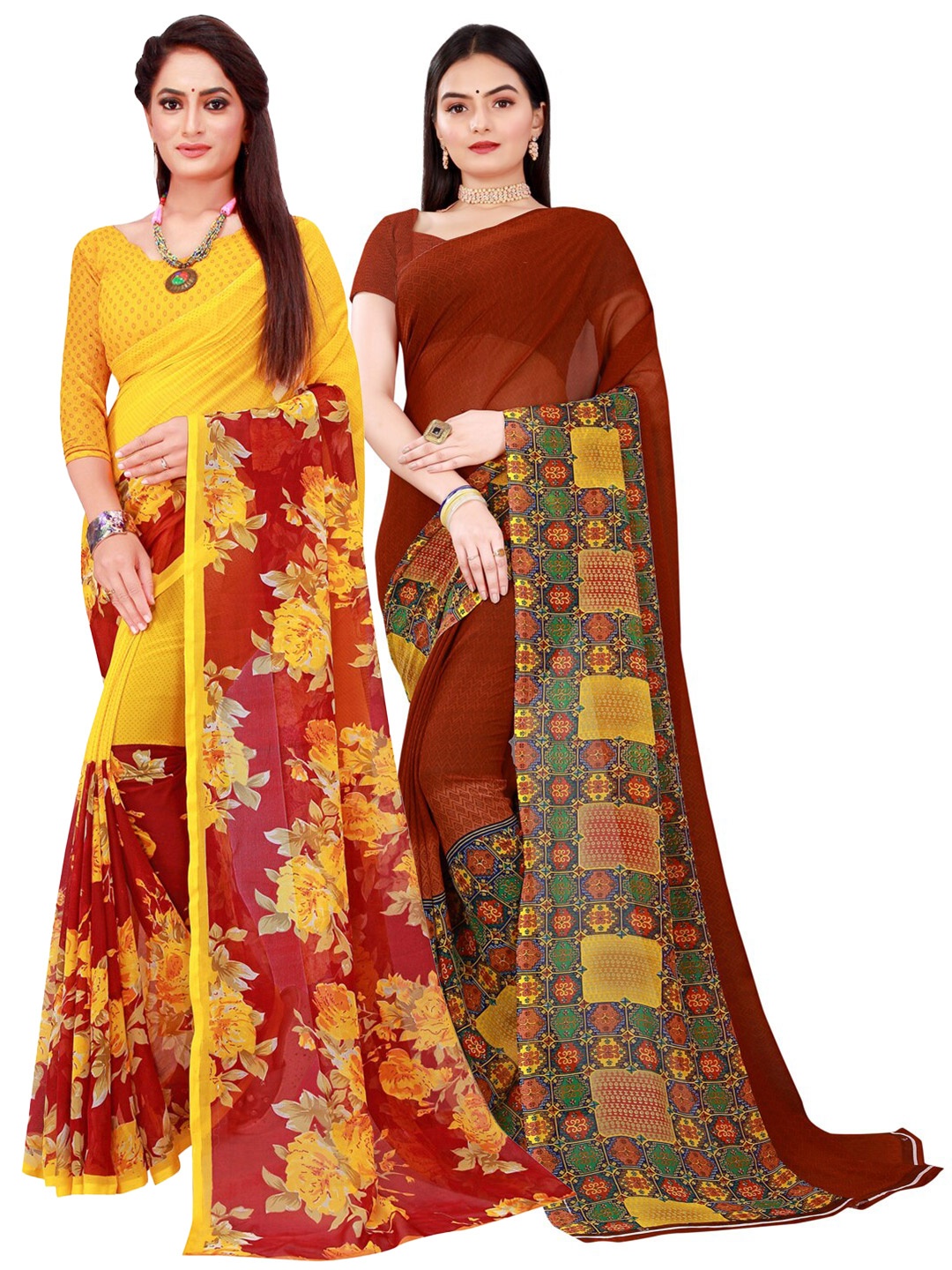 

SAADHVI Maroon & Yellow Printed Pure Georgette Saree Pack Of 2