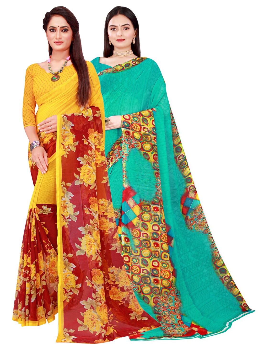 

SAADHVI Set Of 2 Maroon & Sea Green Floral Pure Georgette Saree