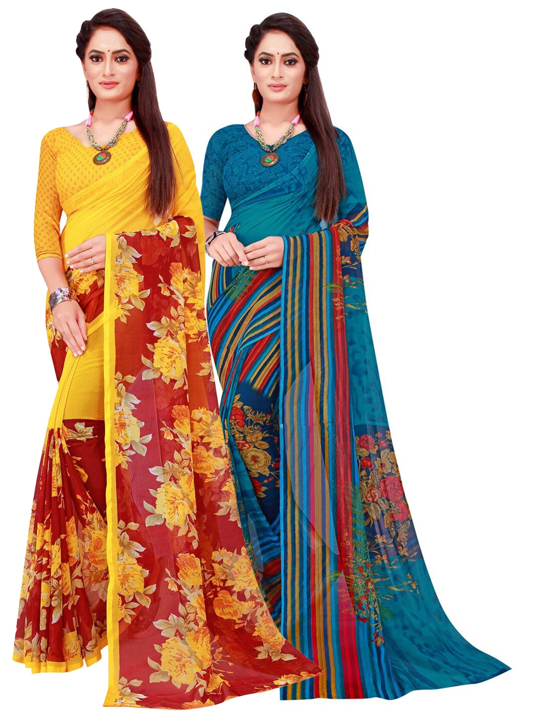

SAADHVI Maroon & Blue Set Of 2 Floral Pure Georgette Saree