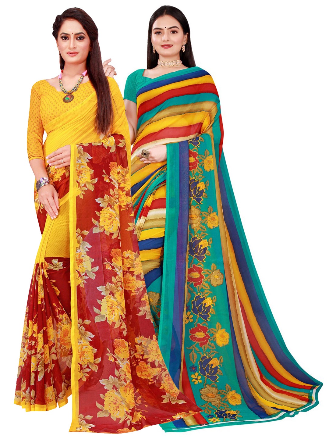 

SAADHVI Yellow & Maroon Striped Printed Pure Georgette Saree Pack Of 2