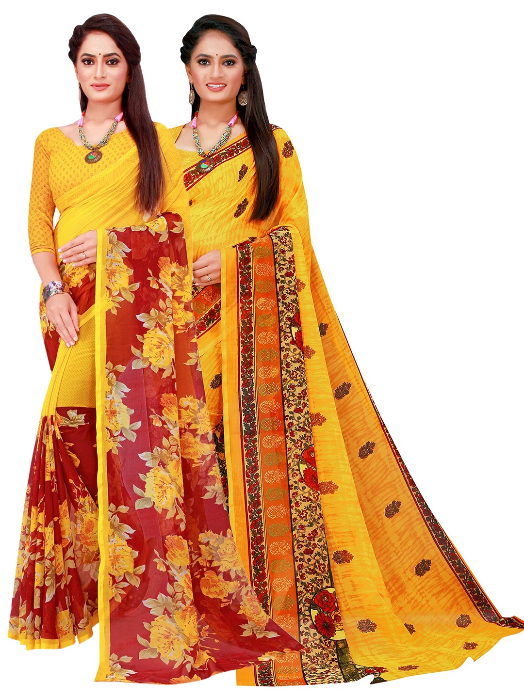 

SAADHVI Pack Of 2 Maroon & Yellow Floral Pure Georgette Sarees