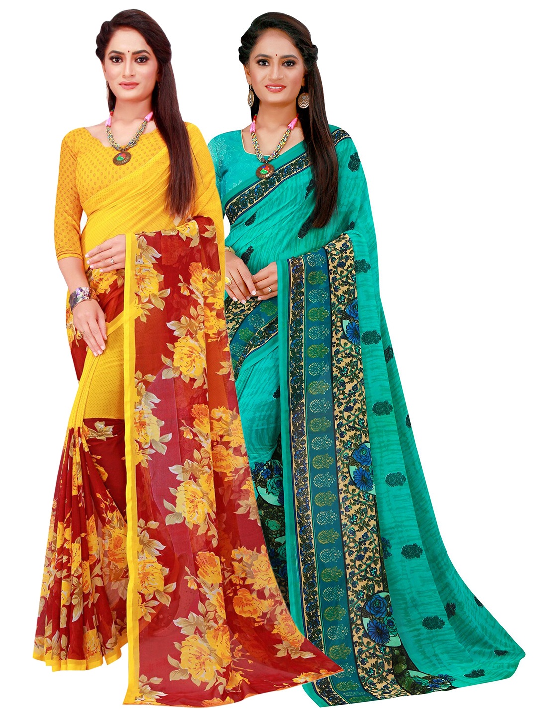 

SAADHVI Maroon & Turquoise Blue Set Of 2 Floral Pure Georgette Saree
