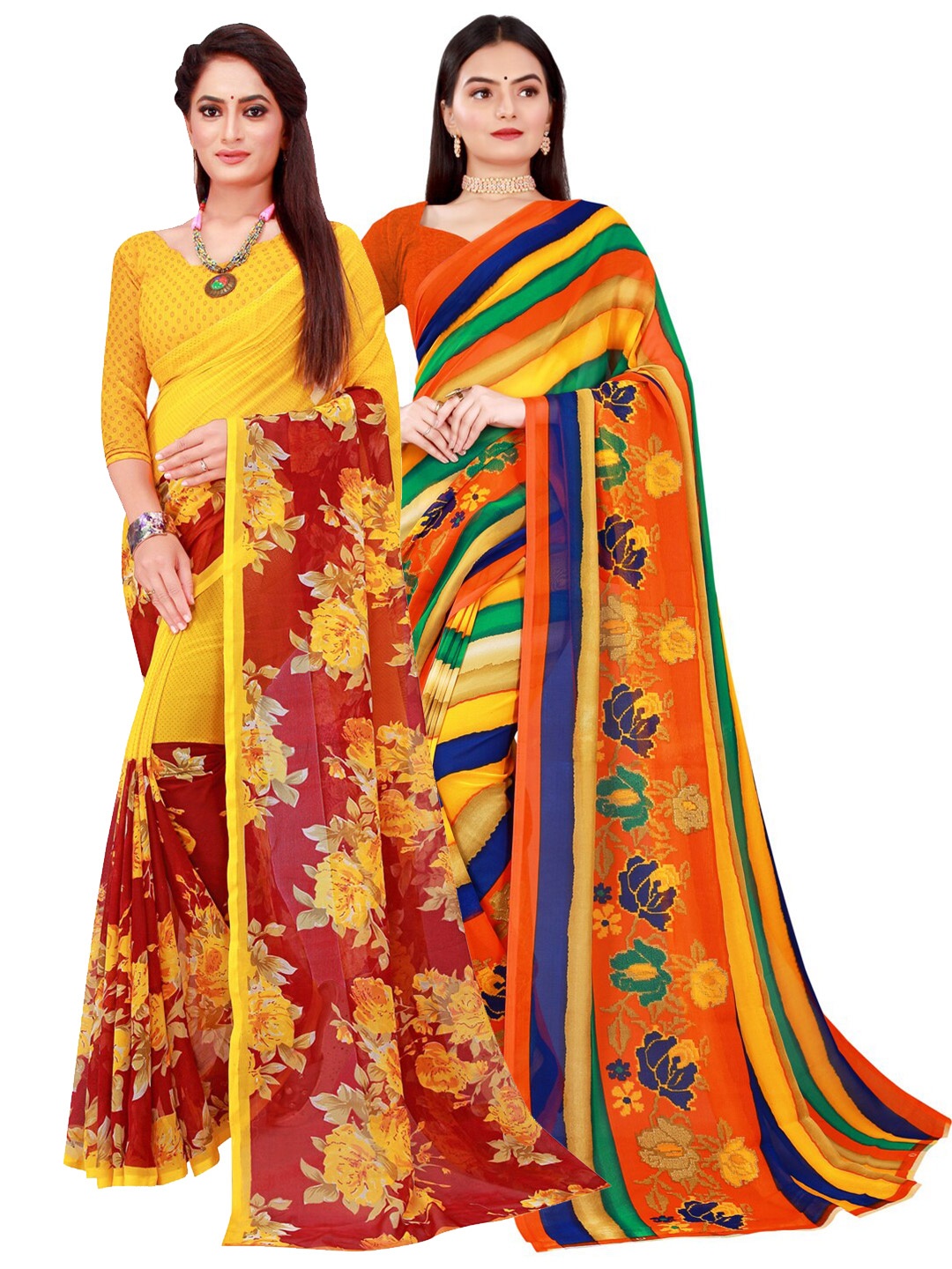 

SAADHVI Set Of 2 Yellow & Maroon Floral Pure Georgette Saree