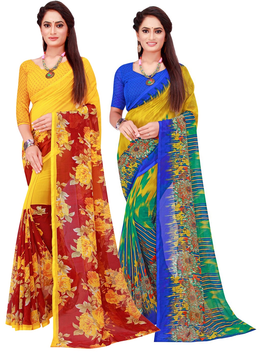 

SAADHVI Yellow & Blue Printed Pure Georgette Saree Pack Of 2