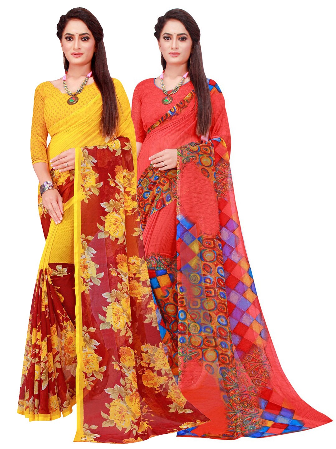 

SAADHVI Pack Of 2 Maroon & Yellow Floral Pure Georgette Sarees