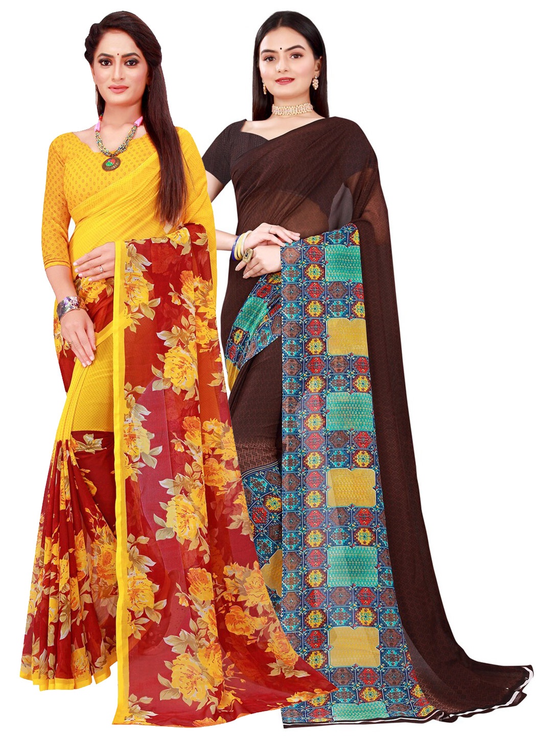 

SAADHVI Brown & Maroon Set of 2 Floral Printed Georgette saree