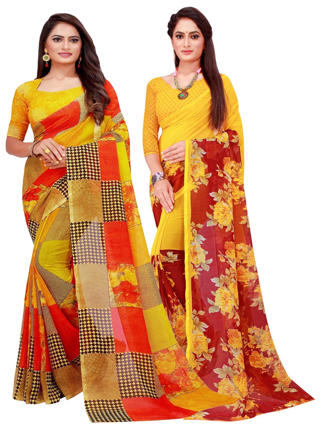 

SAADHVI Maroon & Yellow Set Of 2 Floral Pure Georgette Saree