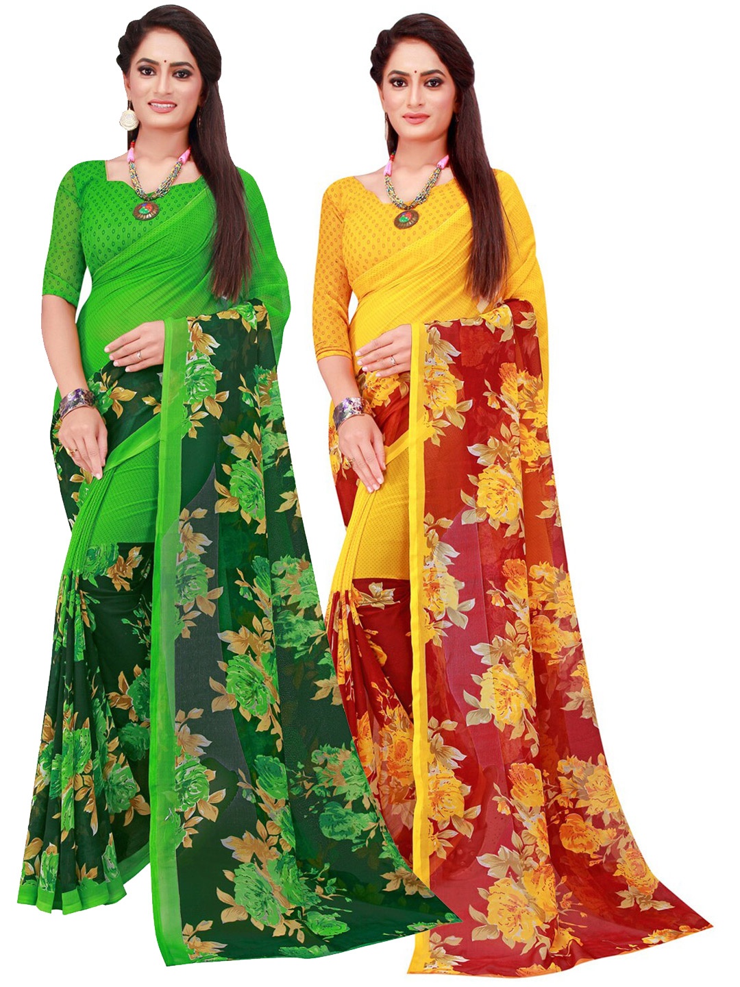 

SAADHVI Yellow & Green Floral Printed Pure Georgette Saree Pack Of 2