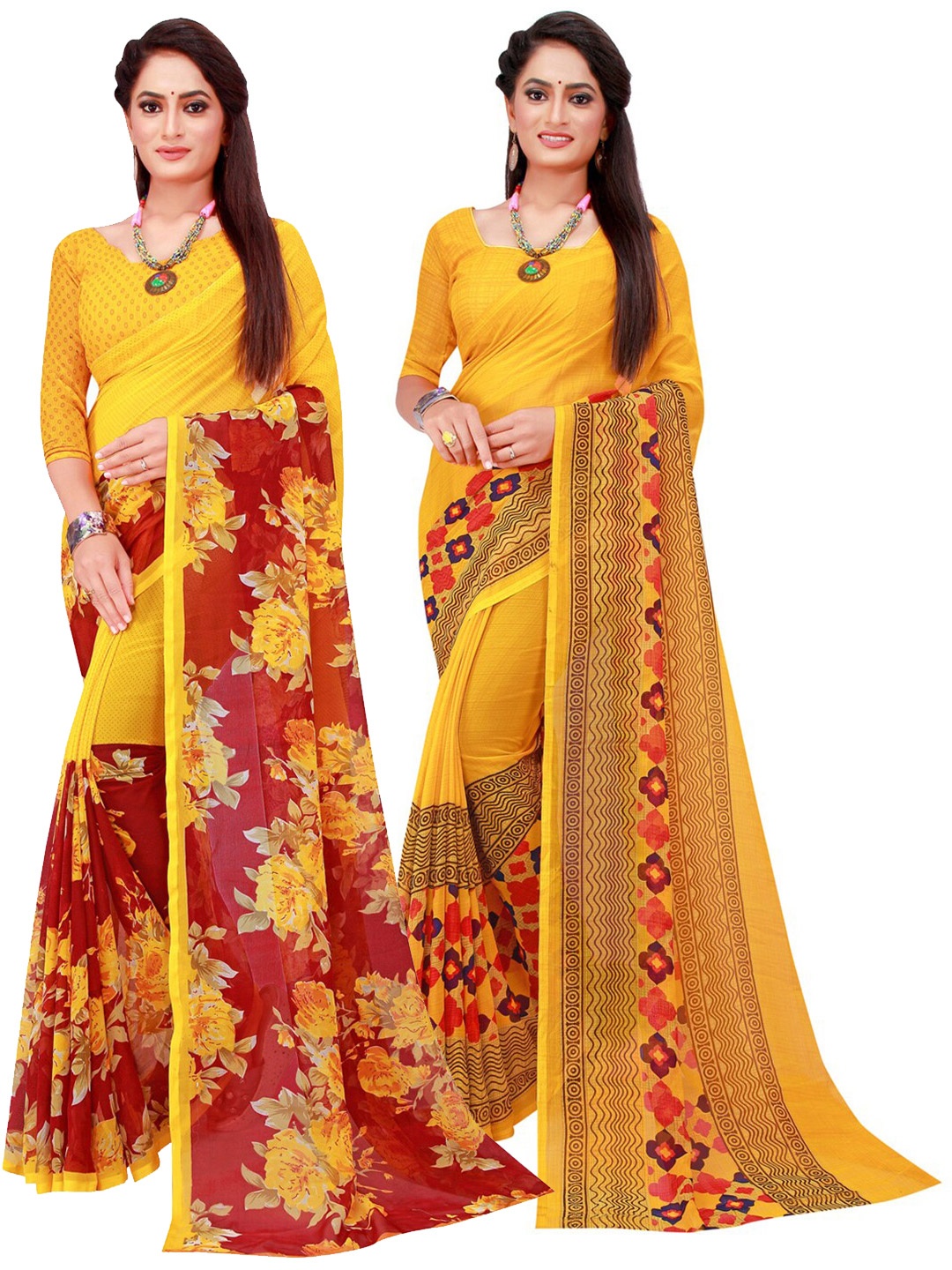 

SAADHVI Yellow Printed Pure Georgette Saree Pack Of 2