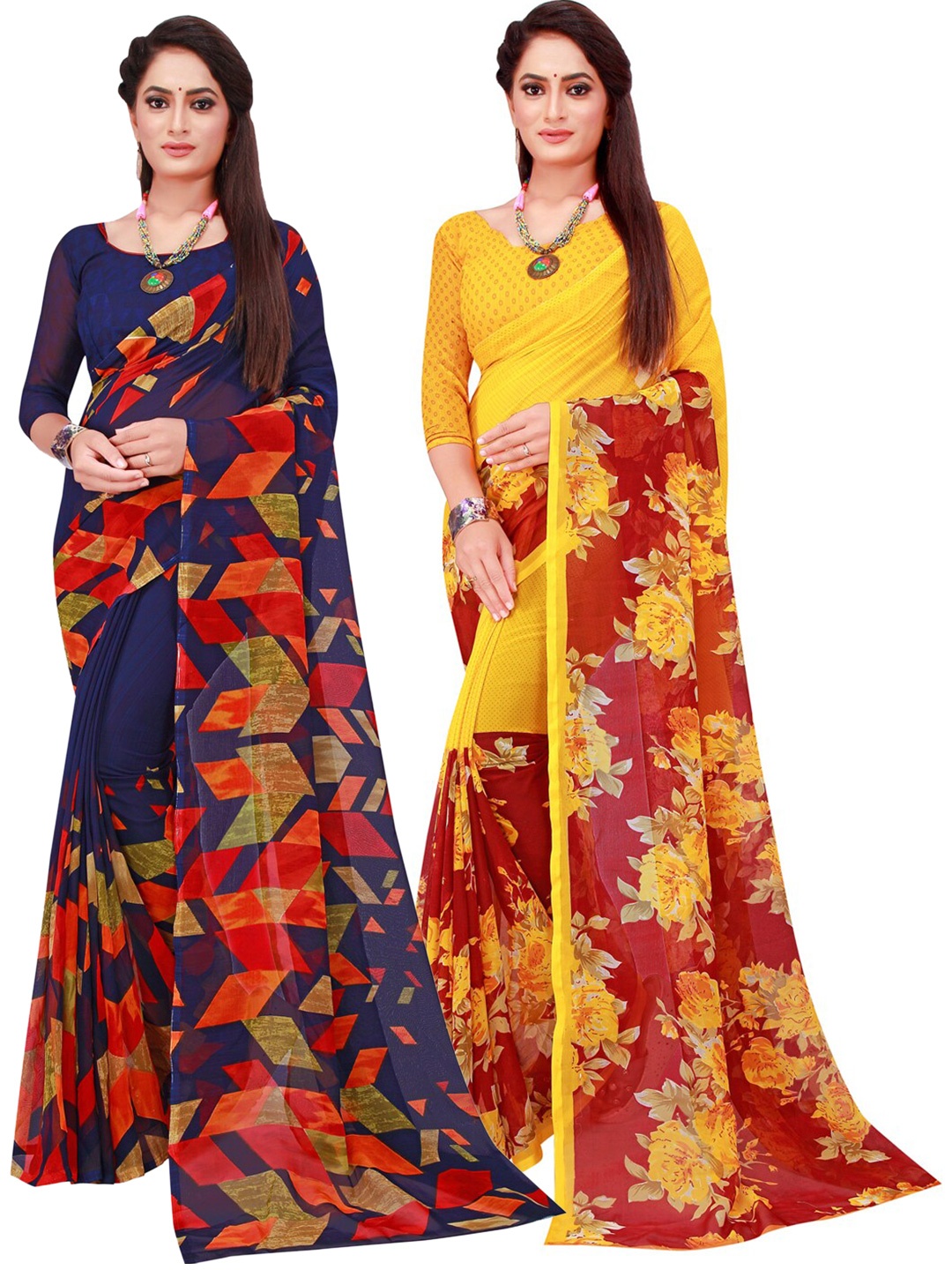 

SAADHVI Pack Of 2 Navy Blue & Yellow Floral Pure Georgette Sarees