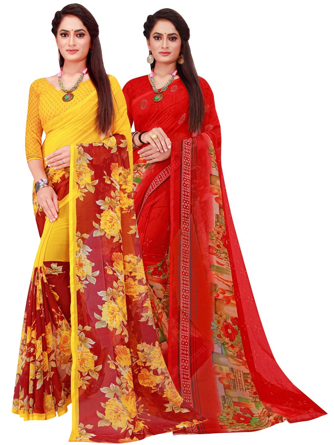 

SAADHVI Red & Yellow Set of 2 Floral Printed Georgette saree